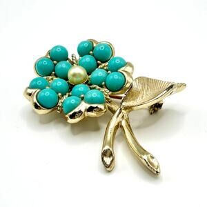VTG Sarah Coventry 1964 Vintage Aqua Fleur Faux Turquoise Pearl Flower Brooch